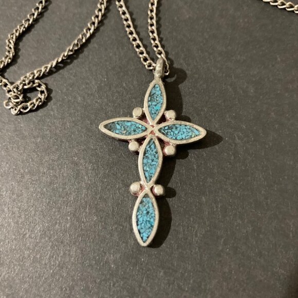 Turquoise Inlay Silver Tone Cross Pendant Necklace - Picture 3 of 6